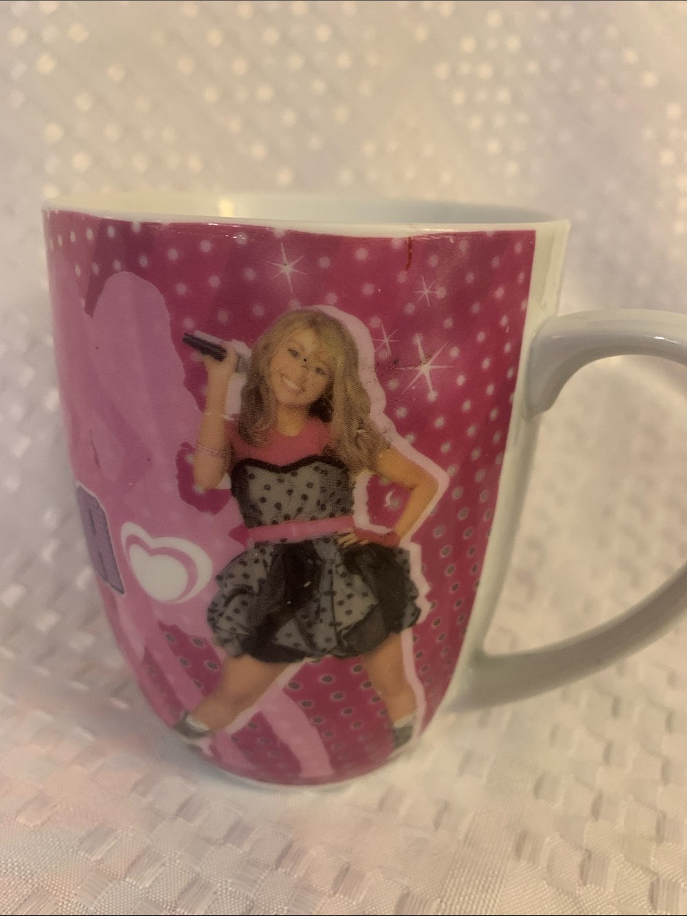 Hannah Montana pink ceramic mug by Enesco Canada for Disney.  4 inches high.